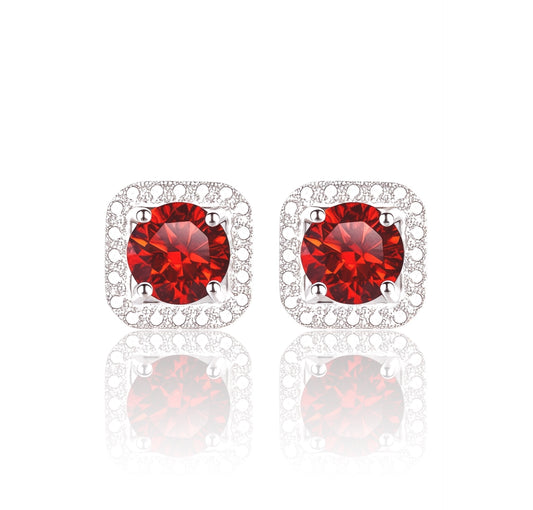 Aros Cuadrados Red VVS Tipo Halo 7x7mm en Plata Ley 925